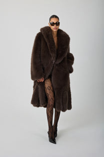 model wearing a brown fur coat and sunglasses against a blank background